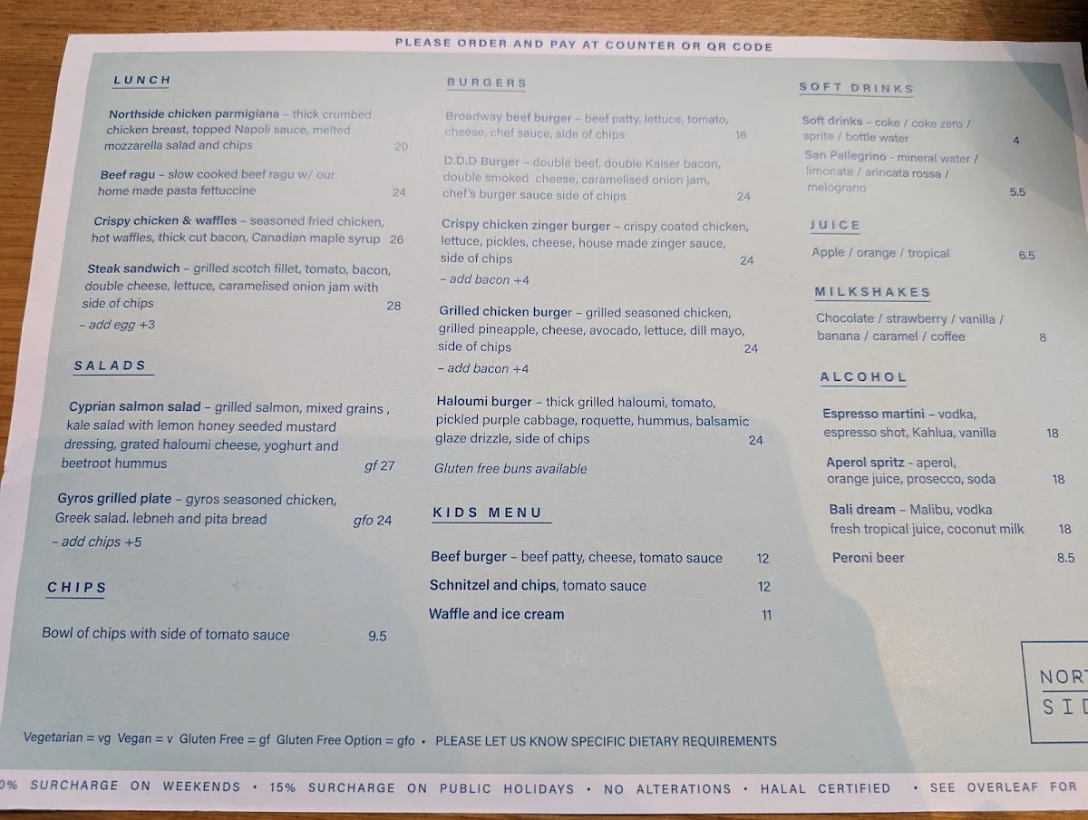 Menu, Northside