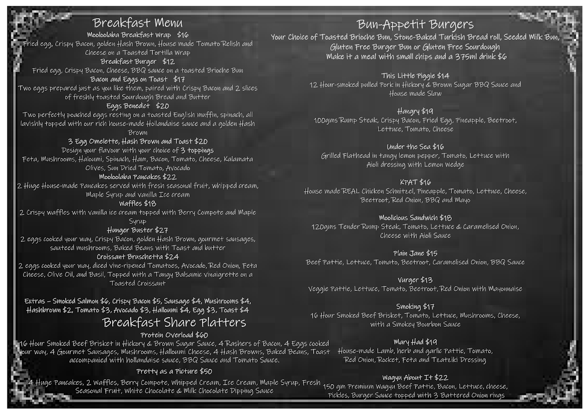 Menu, Mooloolaba Cafe