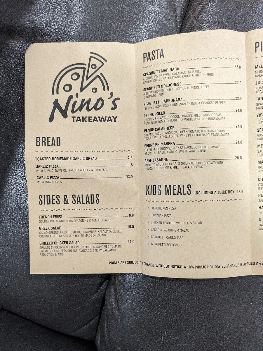 Menu, Nino's Pizza Takeaway