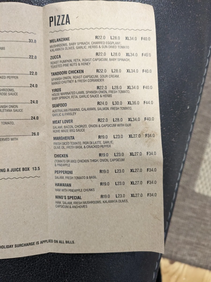 Menu, Nino's Pizza Takeaway