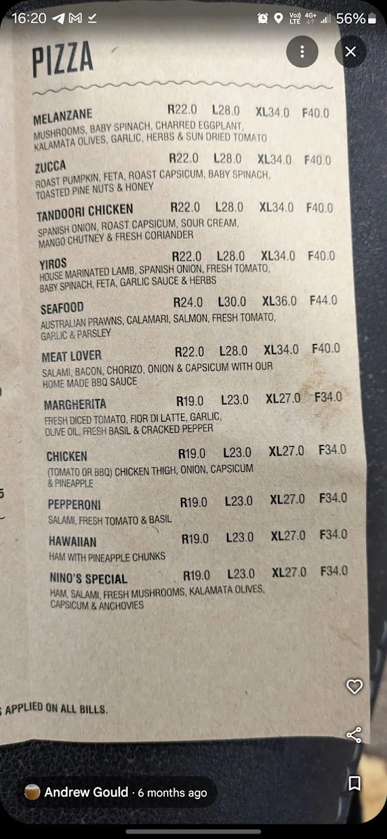 Menu, Nino's Pizza Takeaway