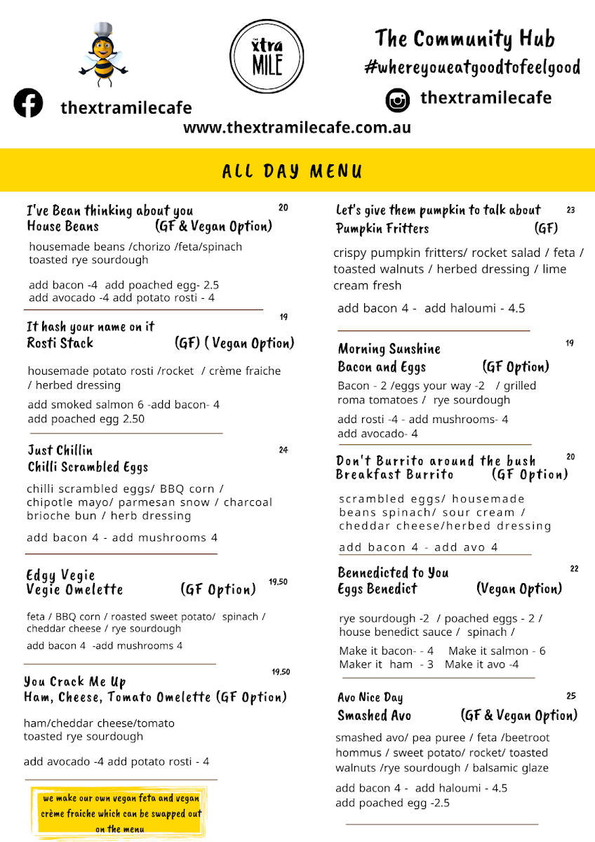 Menu, The Xtra Mile Cafe