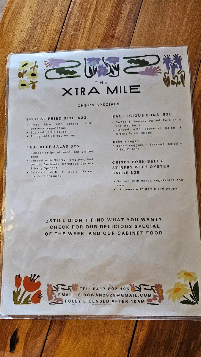 Menu, The Xtra Mile Cafe