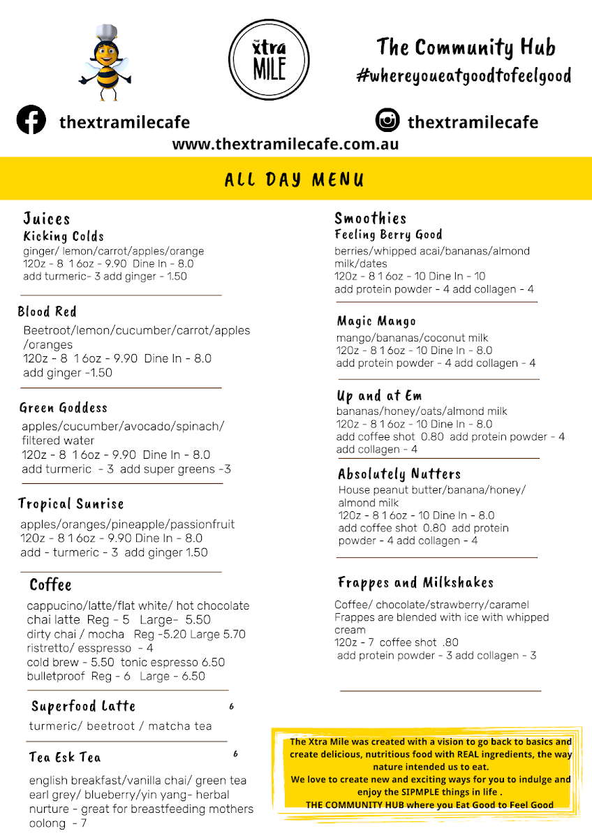 Menu, The Xtra Mile Cafe