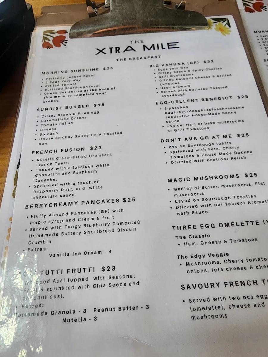 Menu, The Xtra Mile Cafe