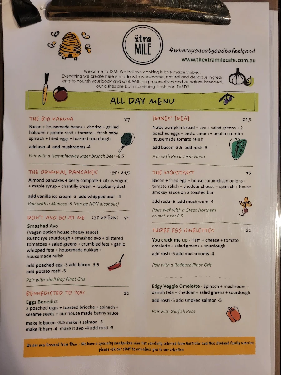 Menu, The Xtra Mile Cafe