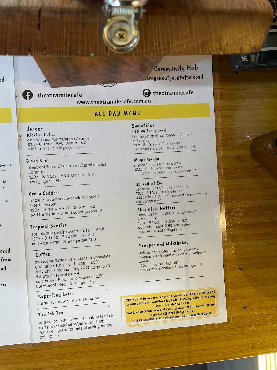Menu, The Xtra Mile Cafe