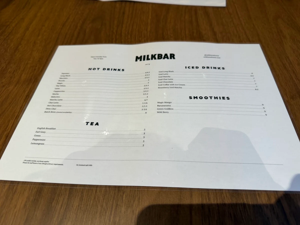 Menu, Milkbar