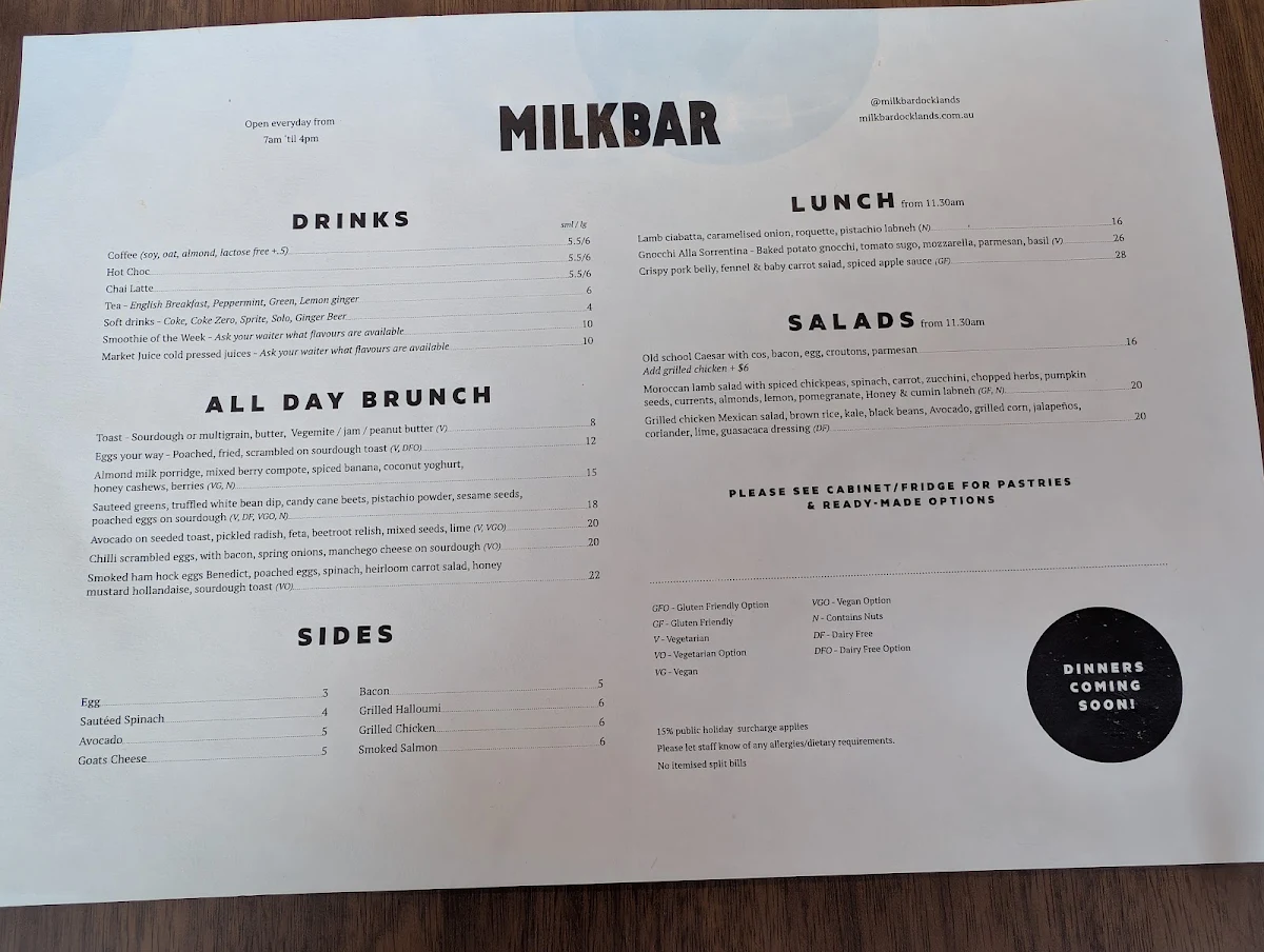 Menu, Milkbar