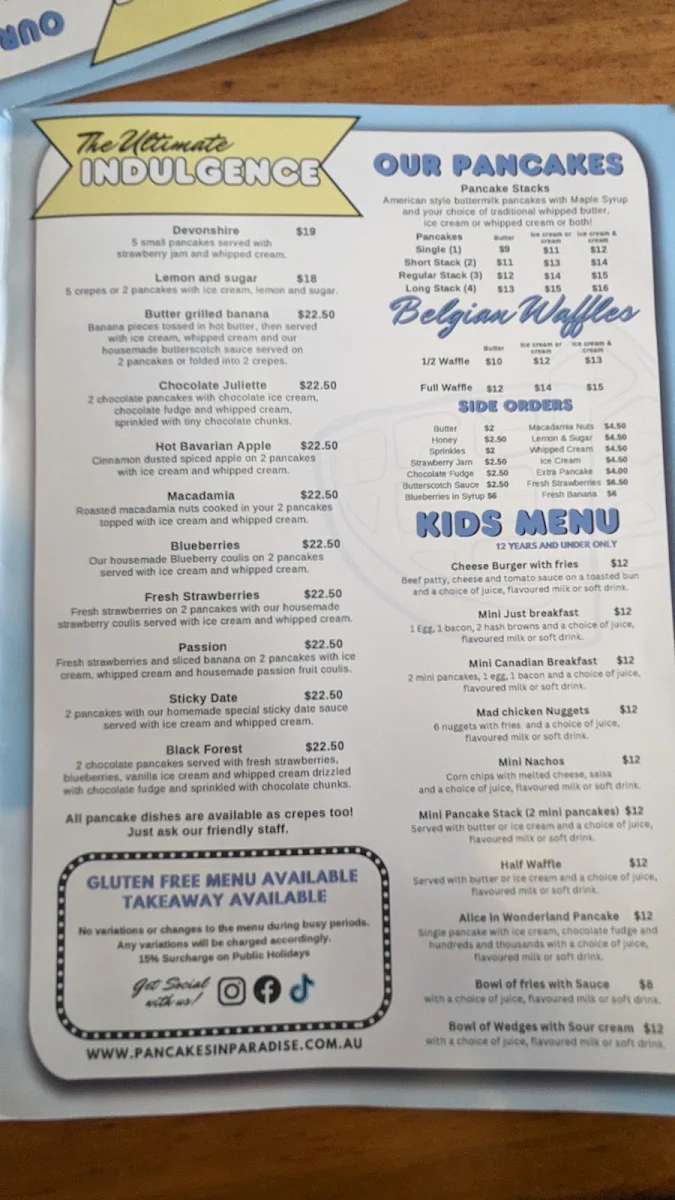 Menu, Pancakes in Paradise
