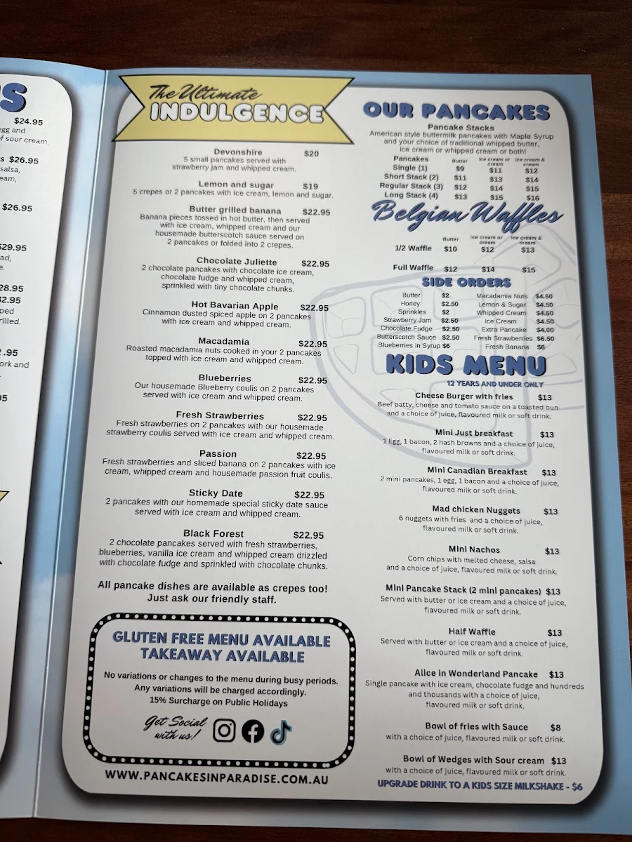 Menu, Pancakes in Paradise