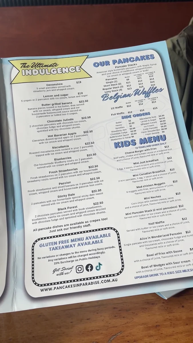 Menu, Pancakes in Paradise