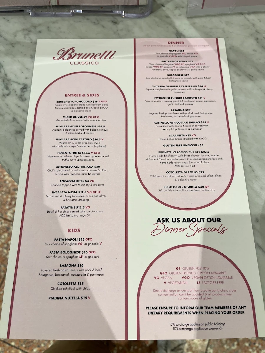 Menu, Brunetti Classico Moonee Ponds