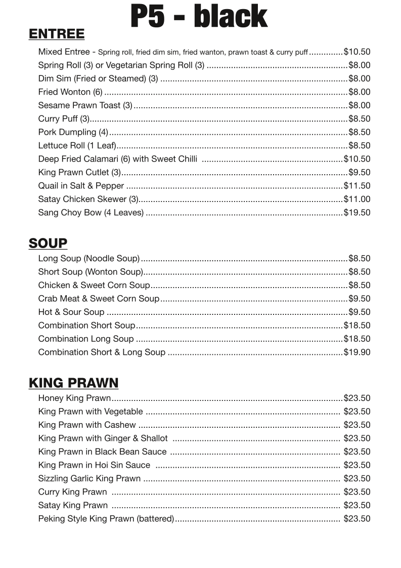 Menu, Shang Court Chinese Restaurant