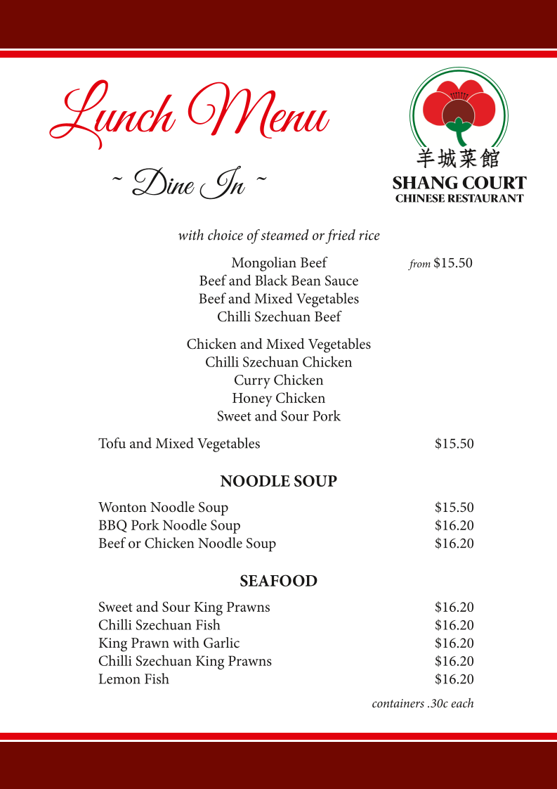 Menu, Shang Court Chinese Restaurant