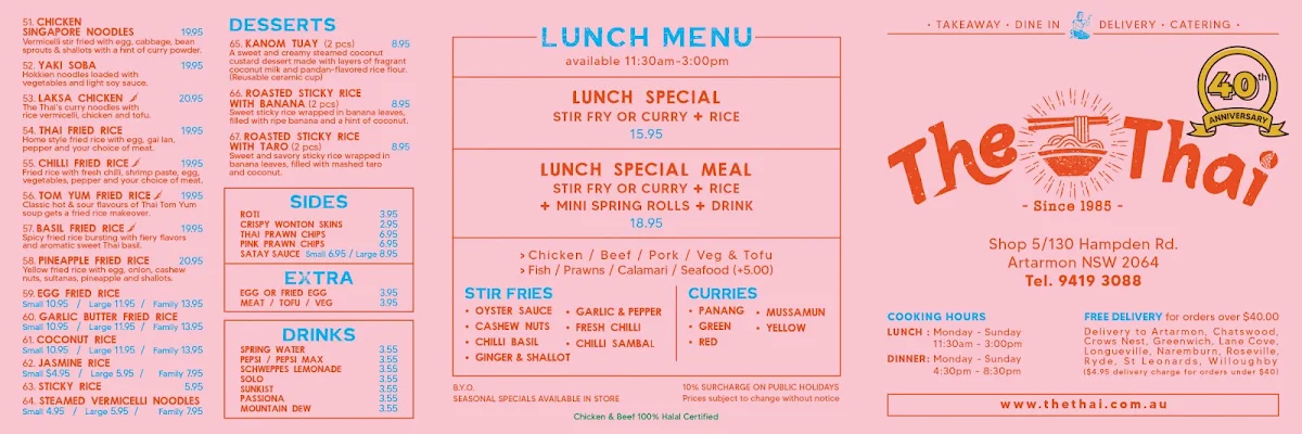 Menu, The Thai Artarmon