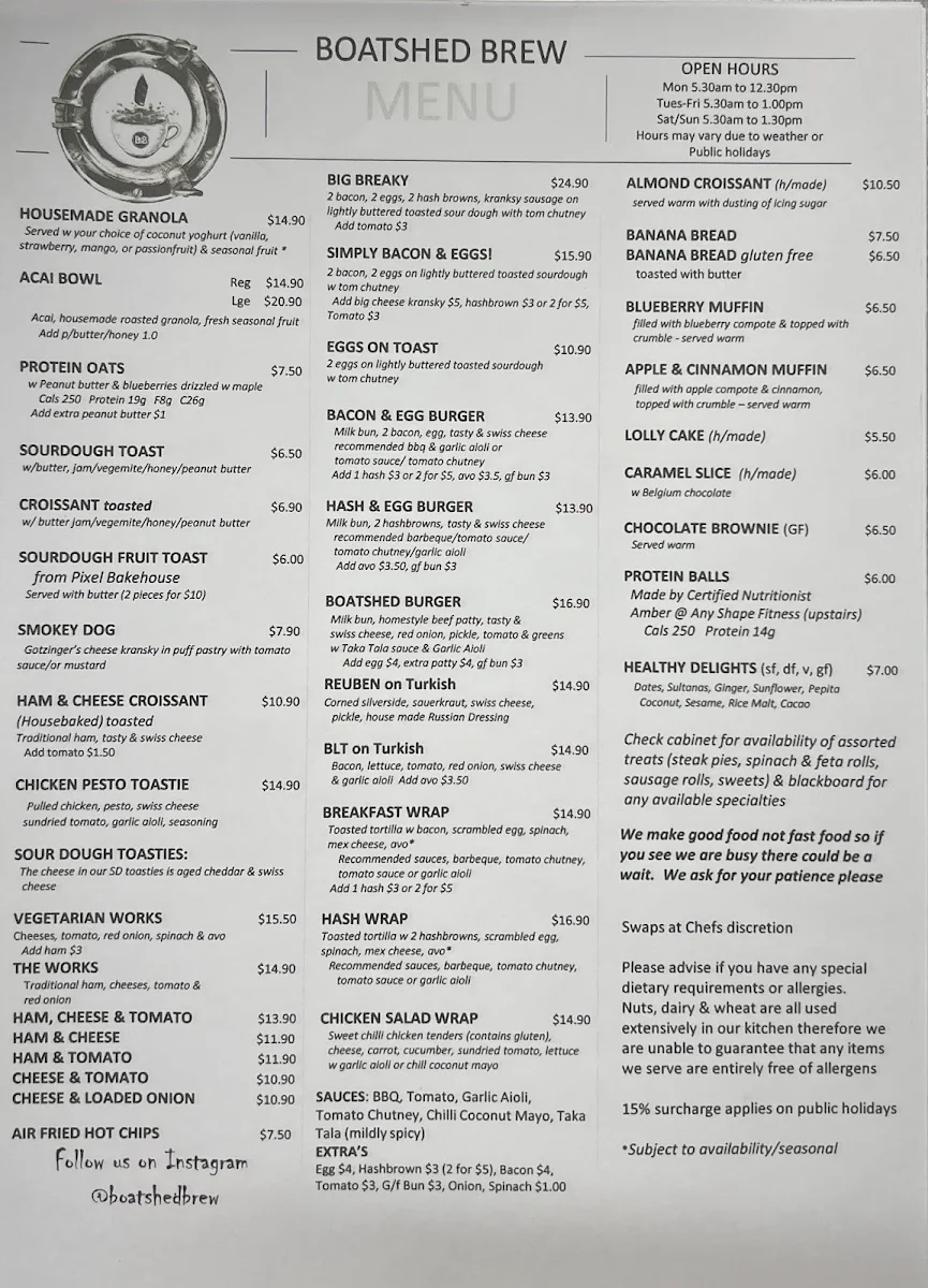 Menu, Boatshed Brew