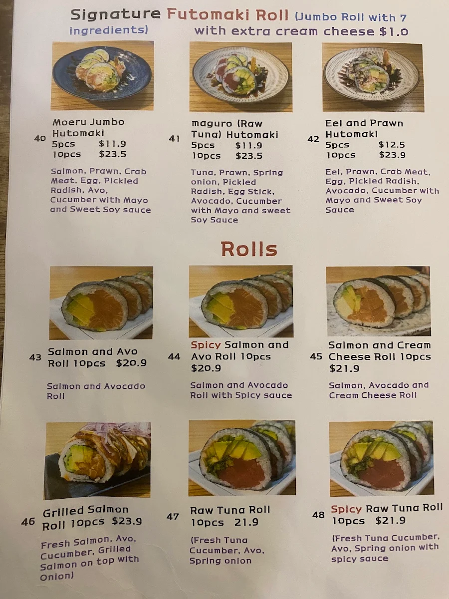Menu, Moeru Japanese Restaurant (Welcome to call and order takeaway)