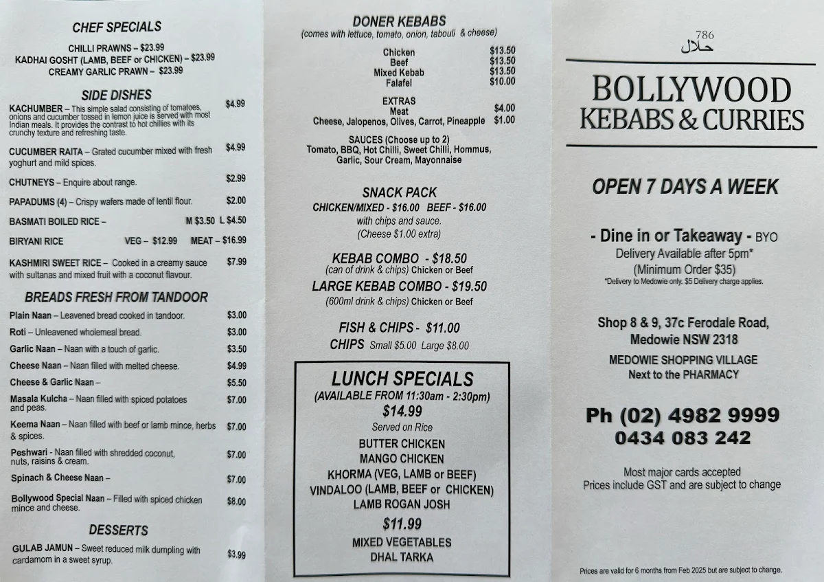 Menu, Bollywood Kebabs & Curries