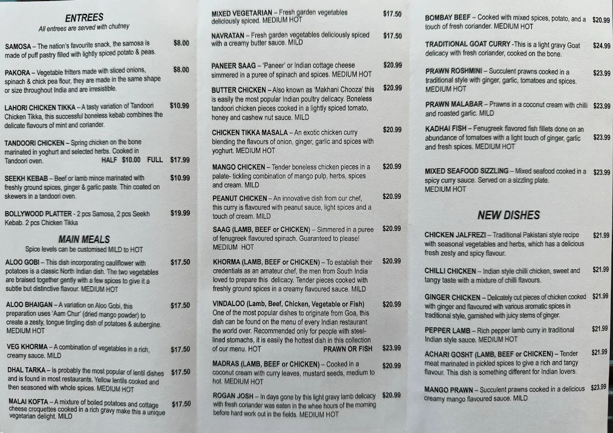 Menu, Bollywood Kebabs & Curries