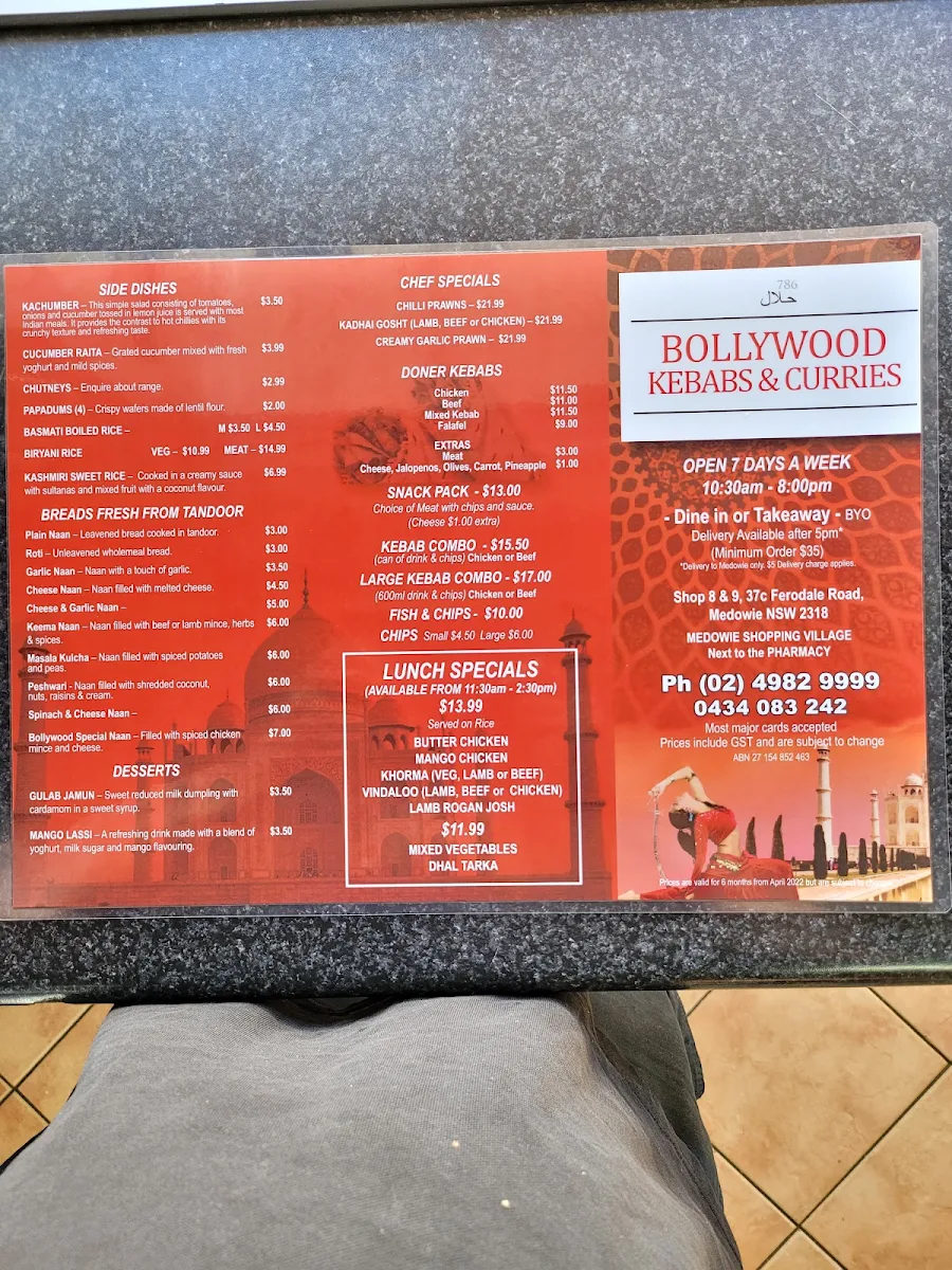 Menu, Bollywood Kebabs & Curries