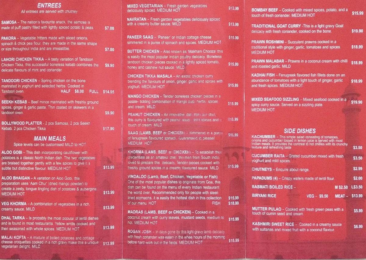 Menu, Bollywood Kebabs & Curries