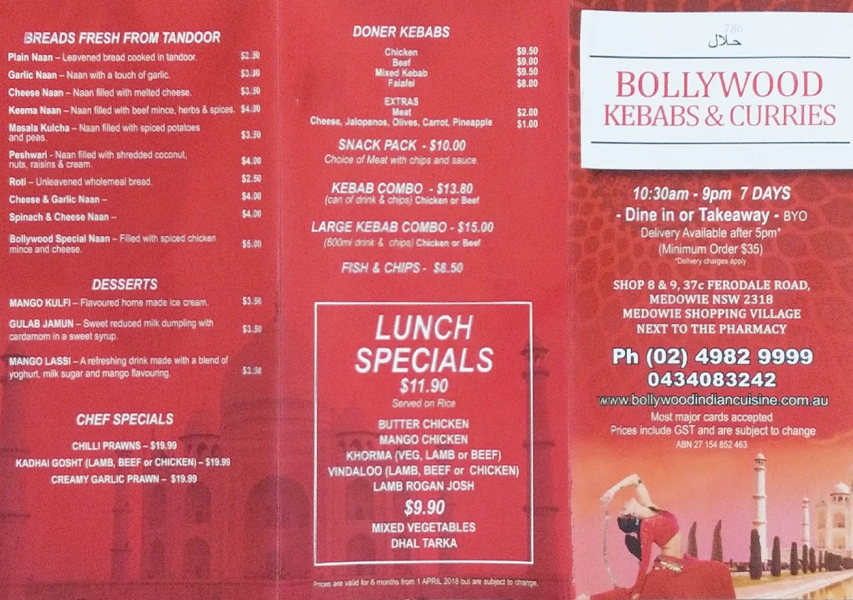 Menu, Bollywood Kebabs & Curries