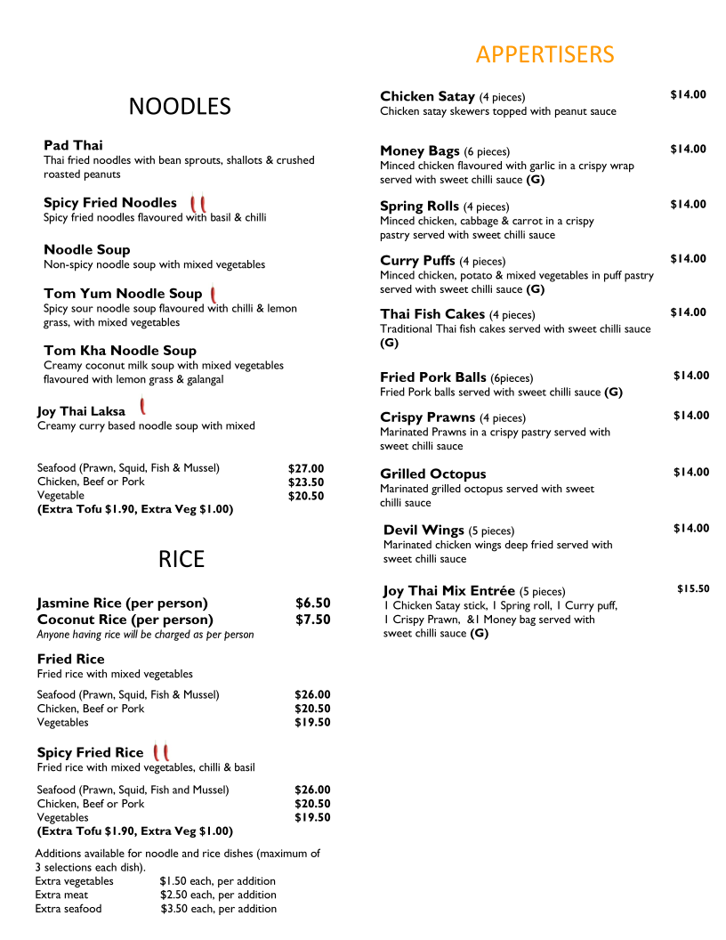 Menu, Joy Thai Restaurant