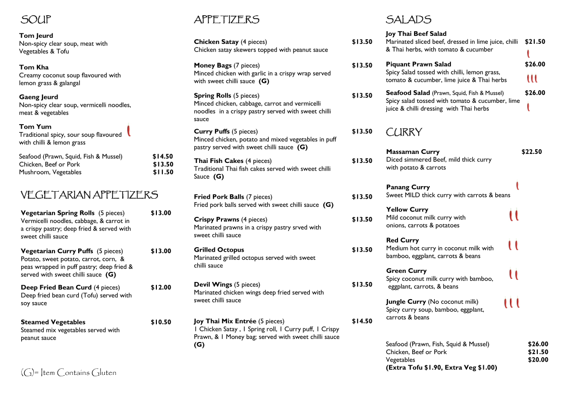 Menu, Joy Thai Restaurant