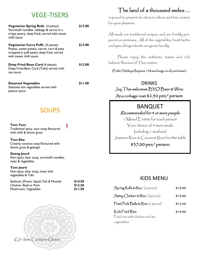 Menu, Joy Thai Restaurant