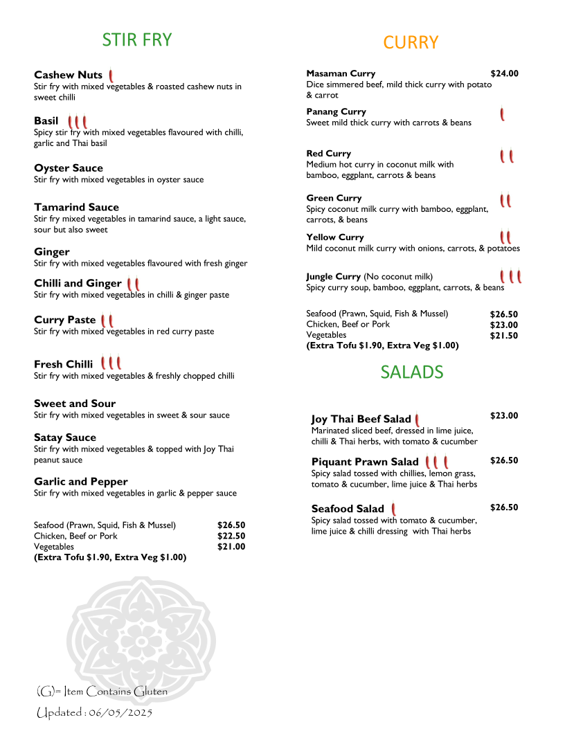 Menu, Joy Thai Restaurant