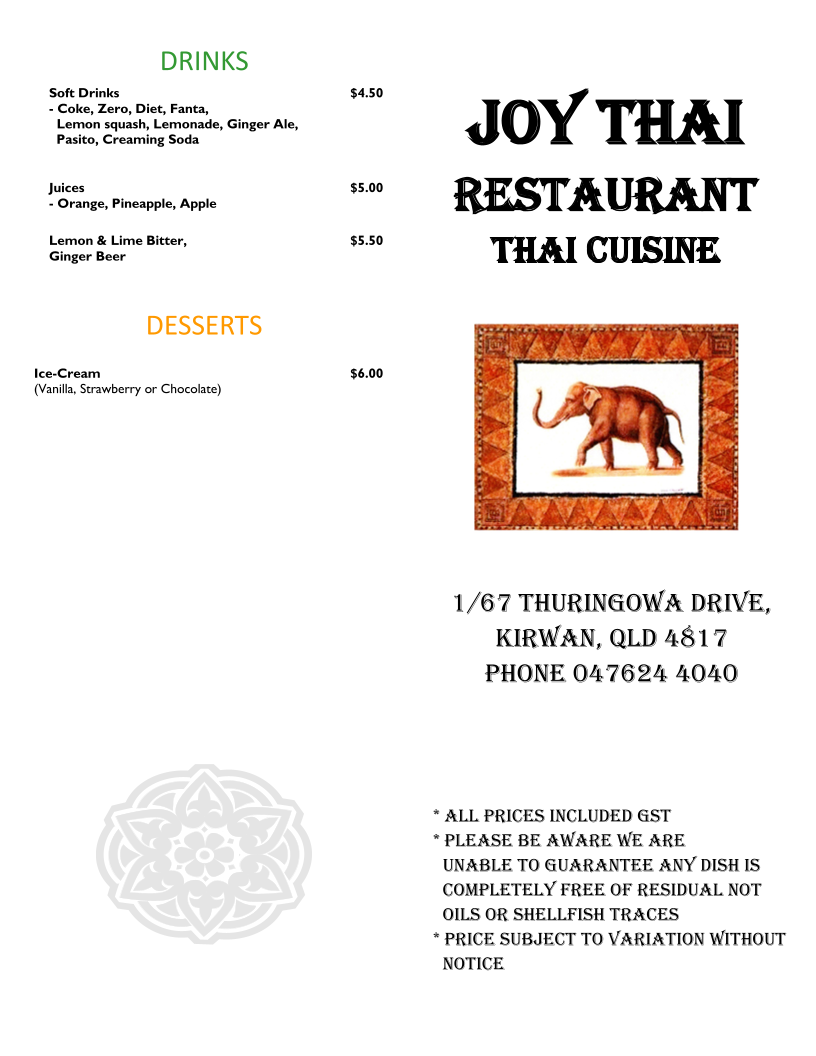 Menu, Joy Thai Restaurant
