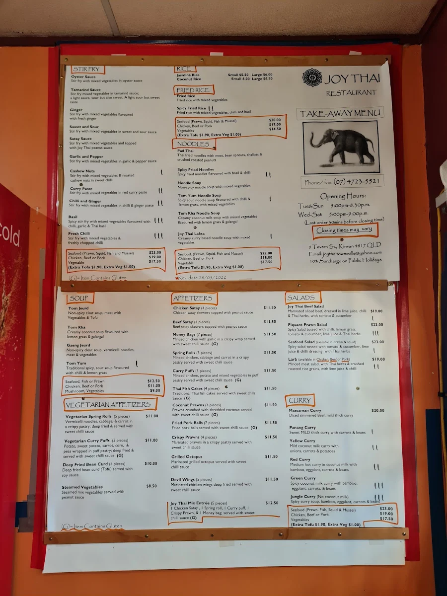Menu, Joy Thai Restaurant