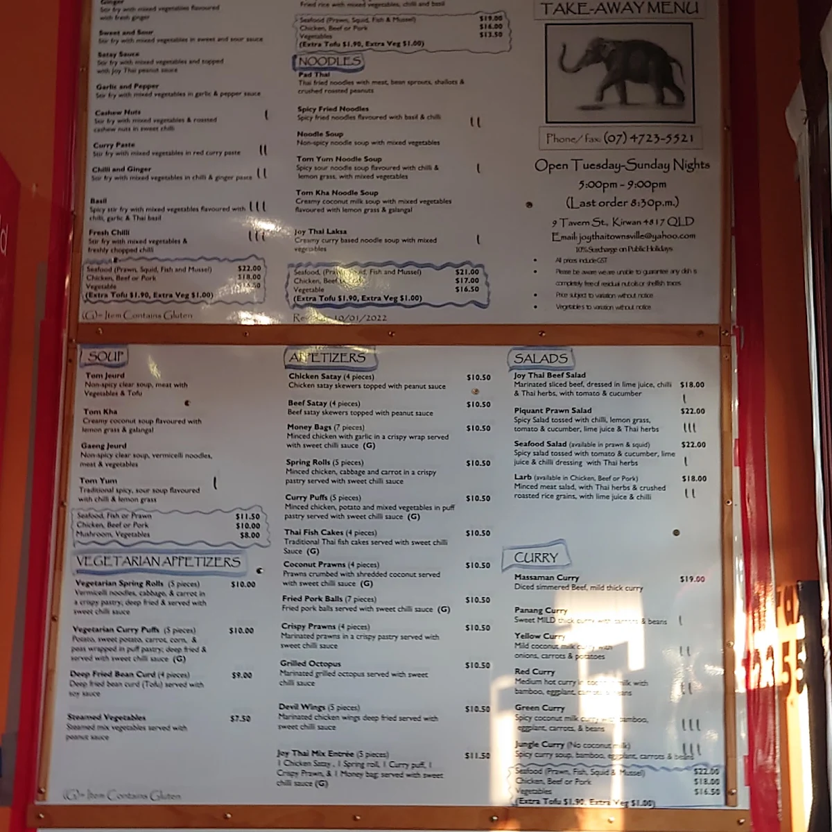 Menu, Joy Thai Restaurant