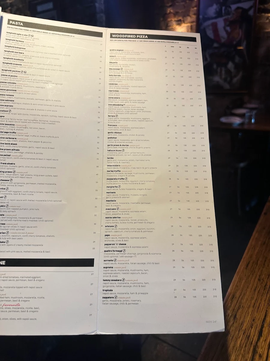 Menu, Criniti's Carlton