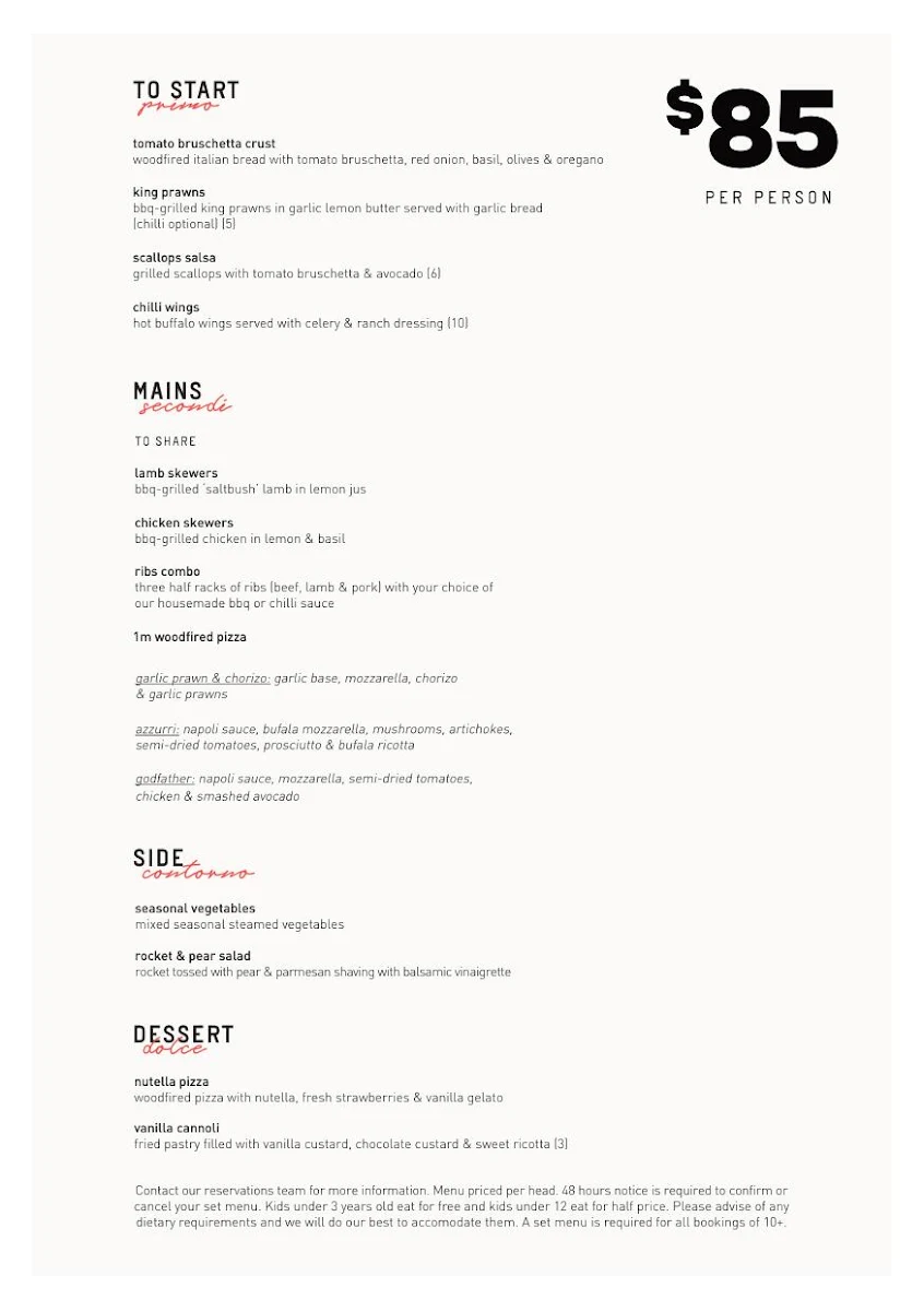 Menu, Criniti's Carlton