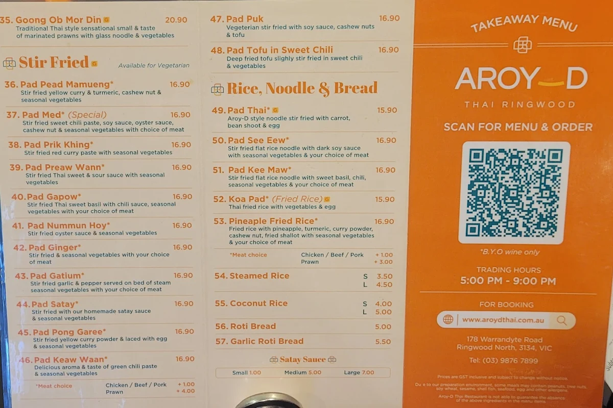 Menu, Aroy-D Thai Restaurant
