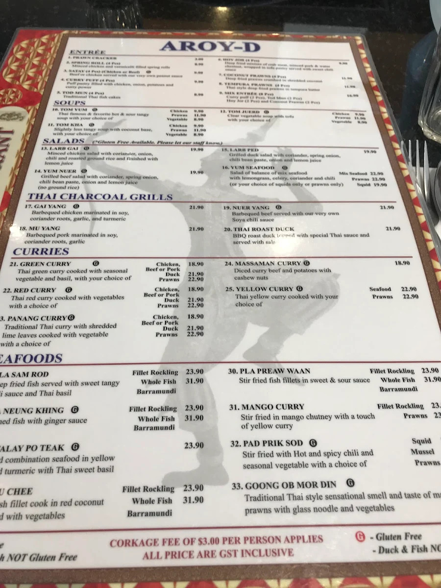 Menu, Aroy-D Thai Restaurant
