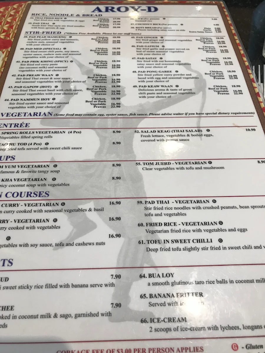 Menu, Aroy-D Thai Restaurant