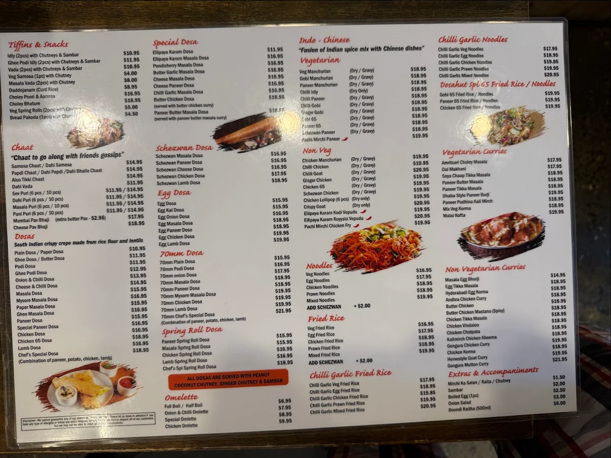 Menu, Dosa Hut Indian Restaurant - Melbourne CBD
