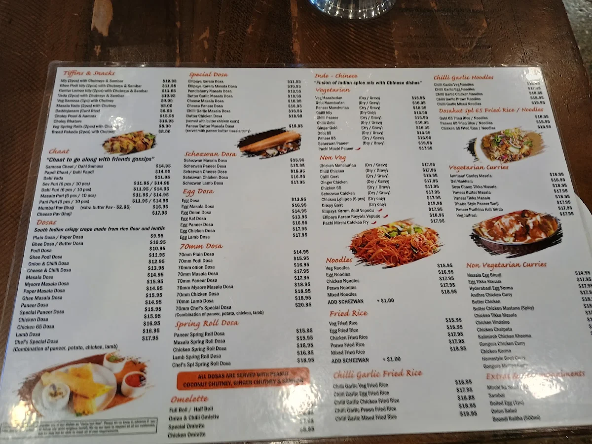 Menu, Dosa Hut Indian Restaurant - Melbourne CBD