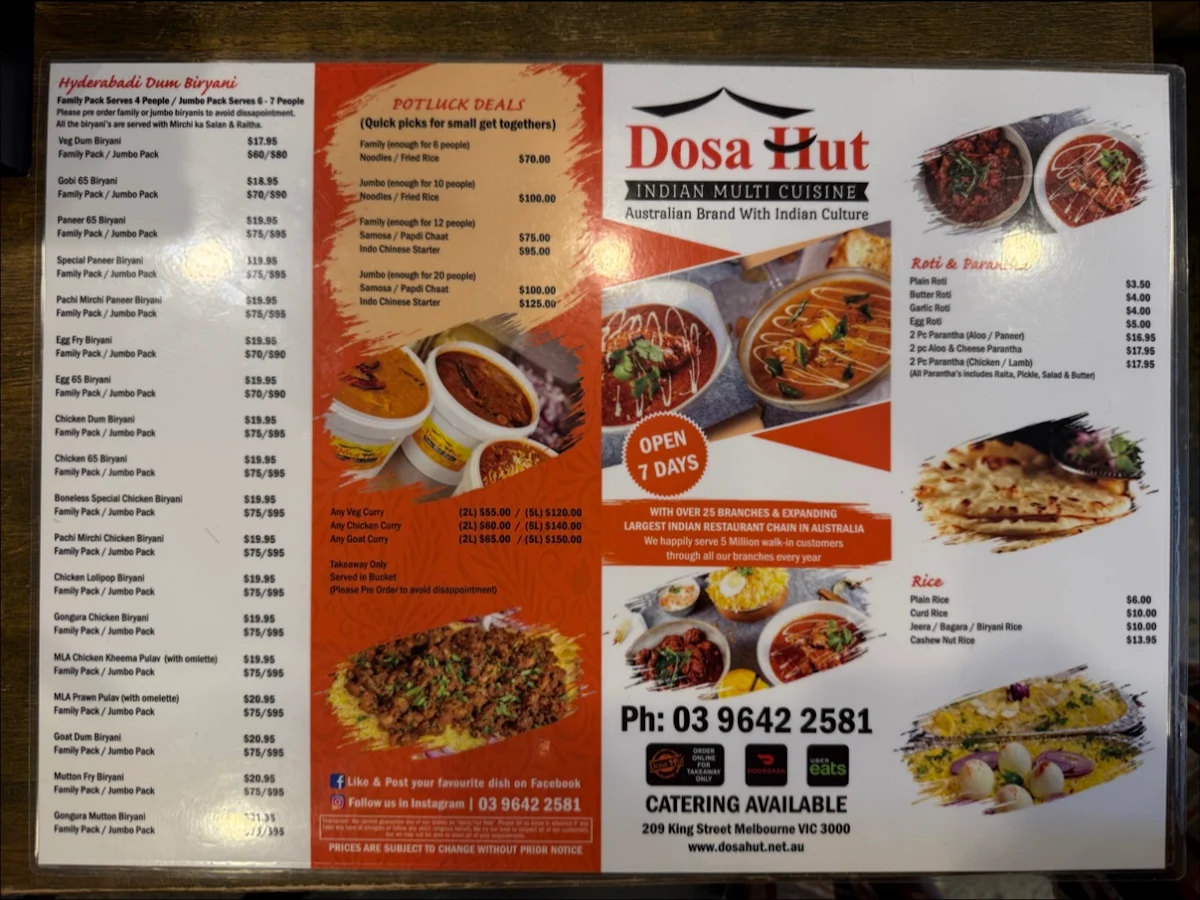 Menu, Dosa Hut Indian Restaurant - Melbourne CBD