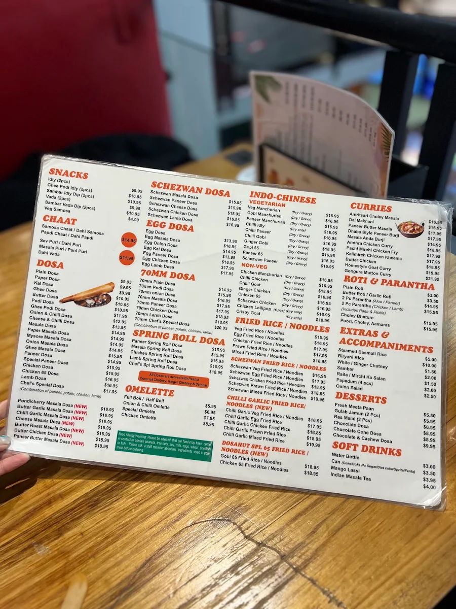 Menu, Dosa Hut Indian Restaurant - Melbourne CBD