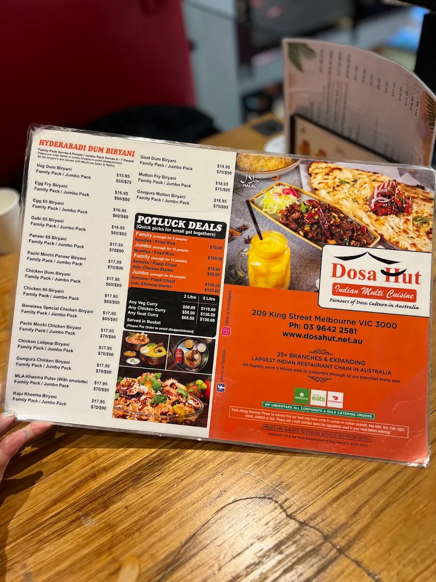 Menu, Dosa Hut Indian Restaurant - Melbourne CBD