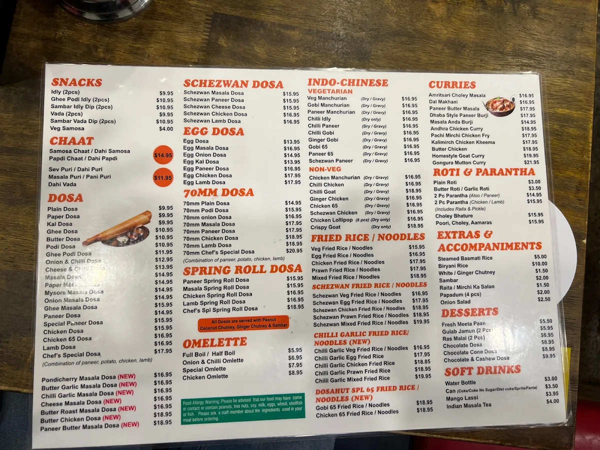 Menu, Dosa Hut Indian Restaurant - Melbourne CBD
