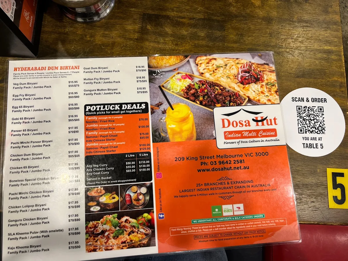Menu, Dosa Hut Indian Restaurant - Melbourne CBD