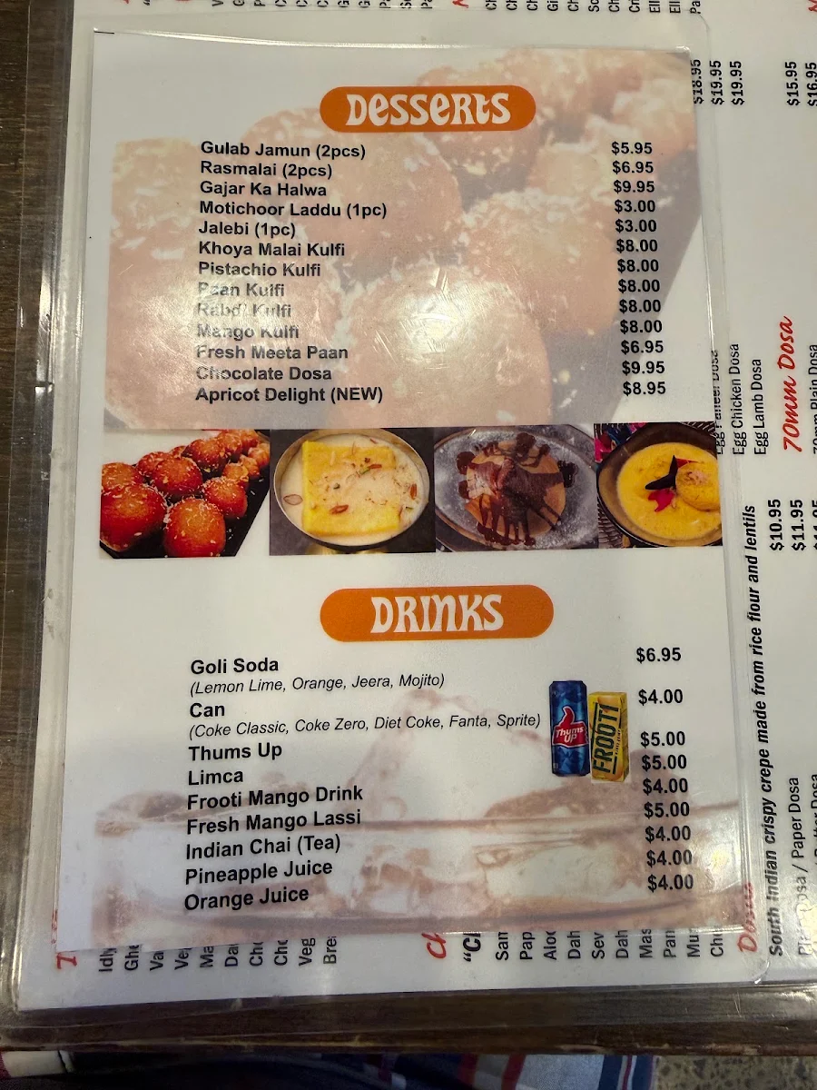 Menu, Dosa Hut Indian Restaurant - Melbourne CBD