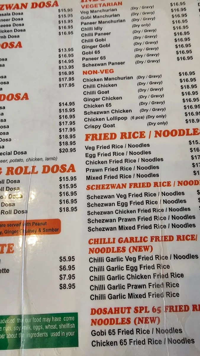 Menu, Dosa Hut Indian Restaurant - Melbourne CBD