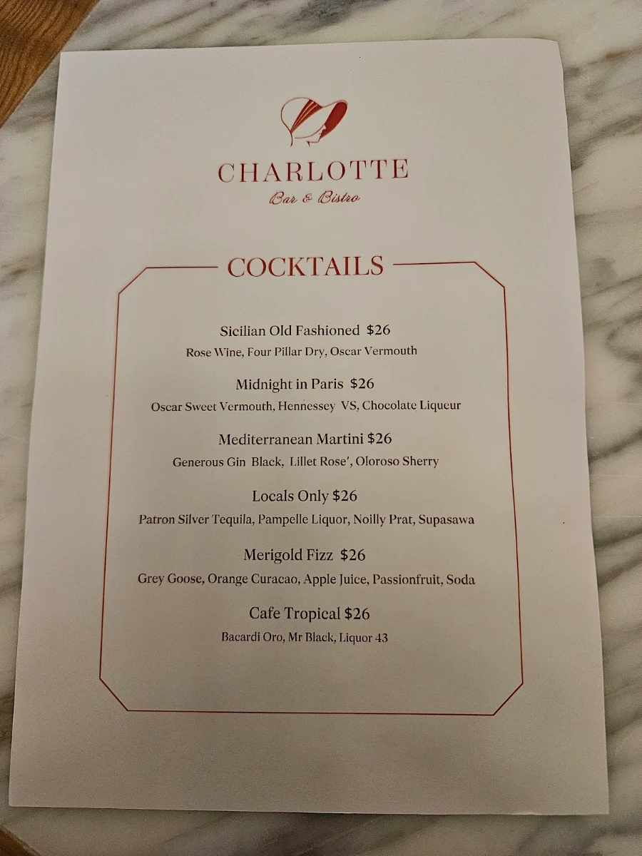 Menu, Charlotte Bar & Bistro