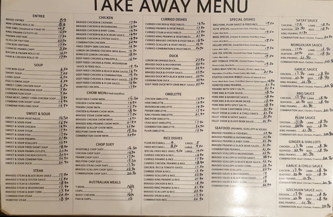 Menu, The Star Chinese Restaurant